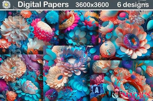 Digital Paper 3D Blue Flowers Background