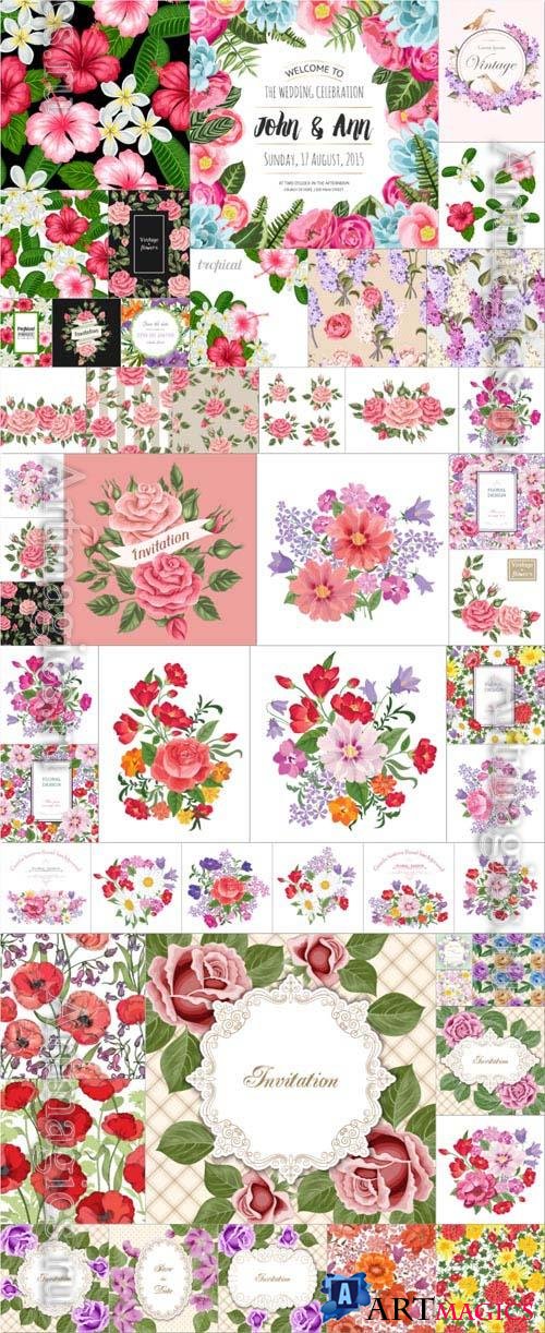 50 Floral backgrounds, tropical flowers, bouquets, wedding invitations collection in vector