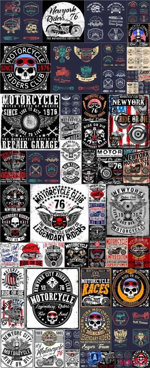 57 Motorcycle riders club, auto service signs, label, logo collection in vector