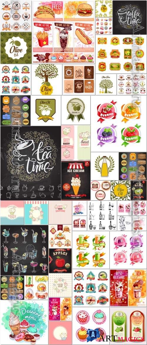 49 Labels, food labels and elements vector illustration