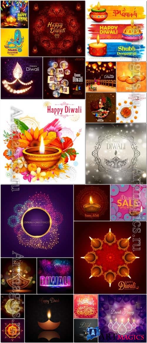 24 Happy Diwali, Indian holiday vector illustration