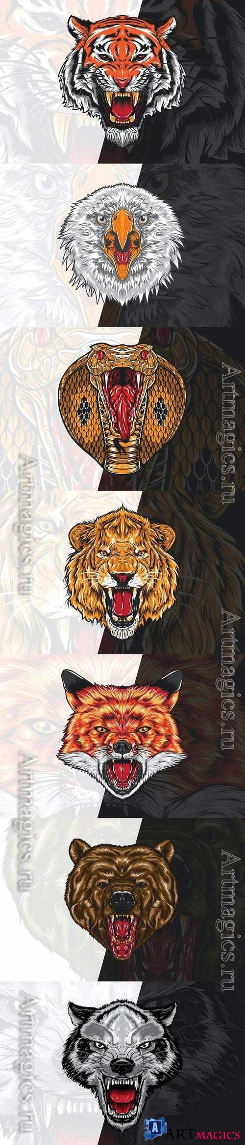 Angry head tiger, cobra, eagle, bear, fox, wolf, lion