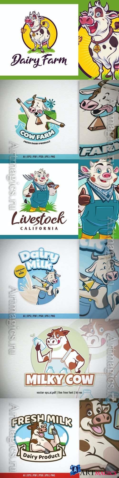 Cartoon Dairy Cow Label Logo