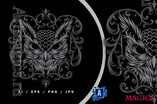 Grey Ornament Heraldic Owl Bird Logo Illustration