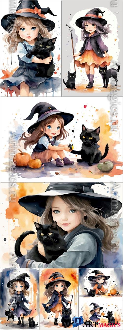 Vector watercolor illustration of cute little witch a cat