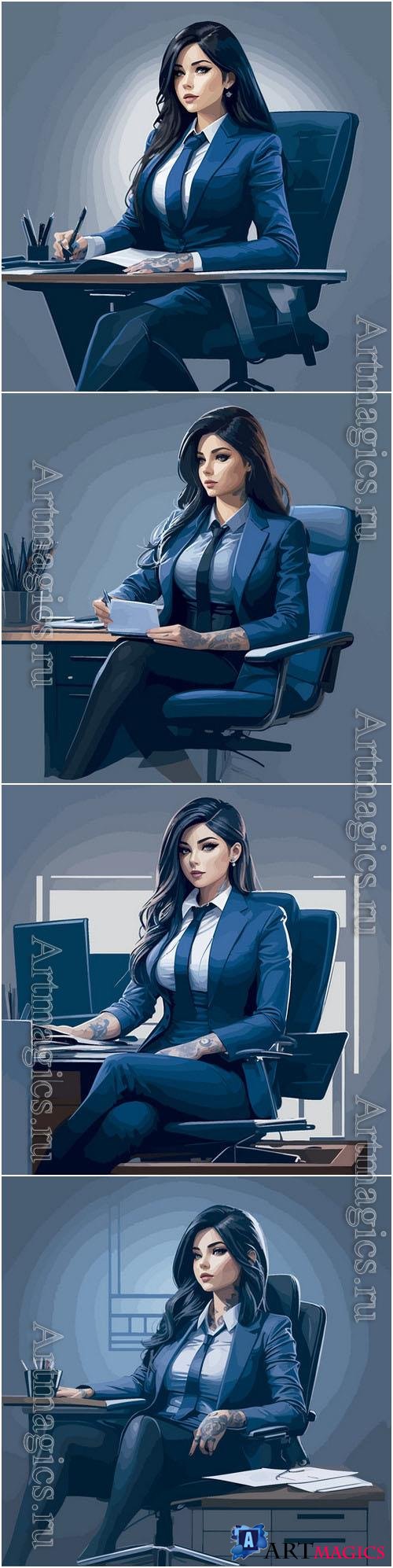 Vector tattooed executive sitting on office chair illustration