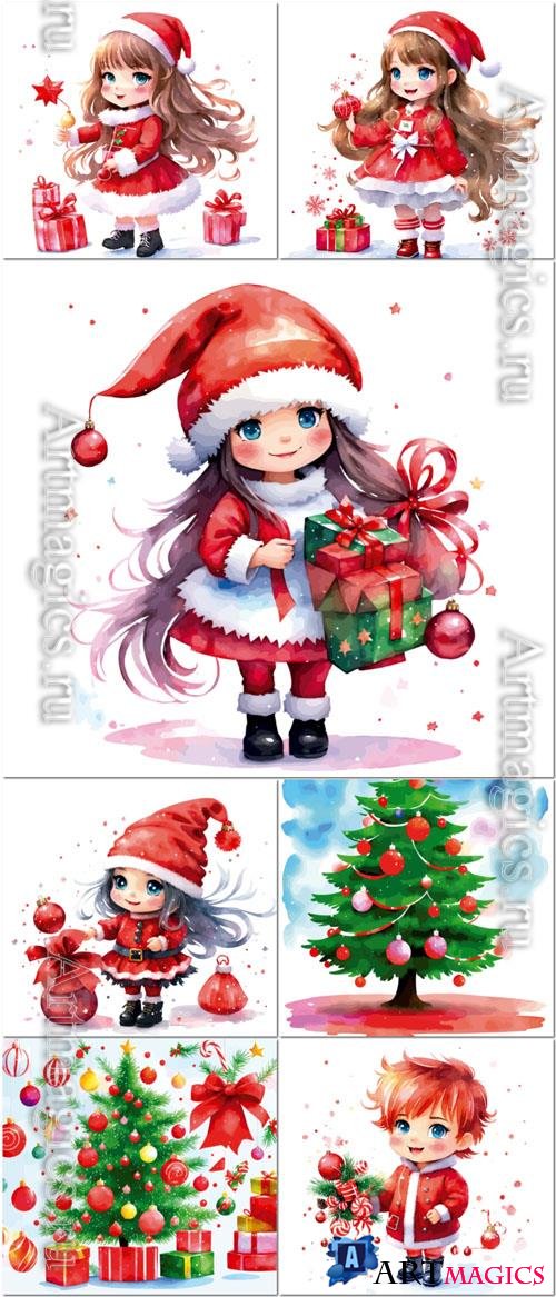 Vector a detailed small cute gnome girl holding christmas decor candy wearing a red outfit