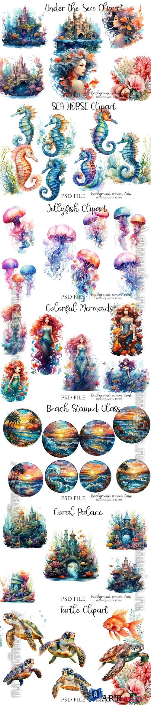 Sea creatures and elements, mermaids, seahorse, turtle, corals, seascape - PSD illustration cliparts set