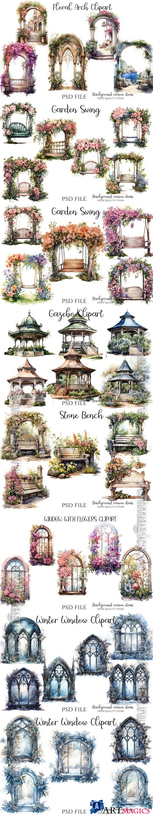Fairytale house, garden, swing, fountain, arches and gazebos with flowers, window with flowers - PSD illustration cliparts set