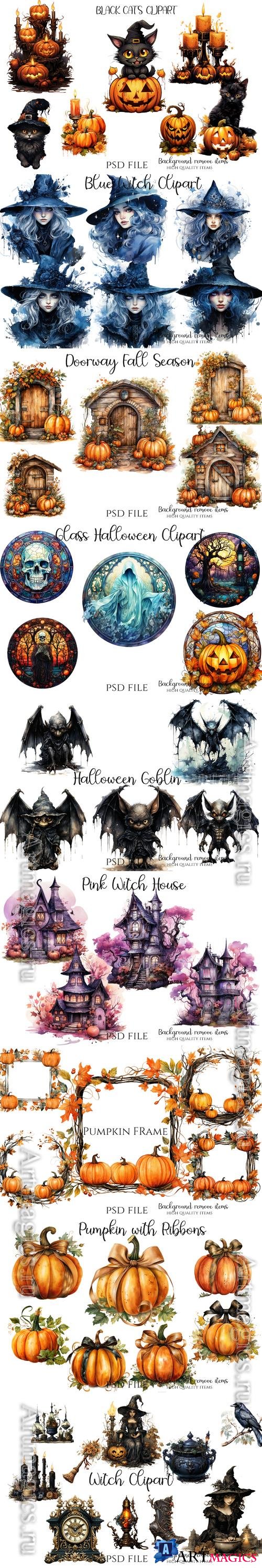 Autumn, halloween, pumpkin, witch, black cat, autumn elements - PSD illustration cliparts set