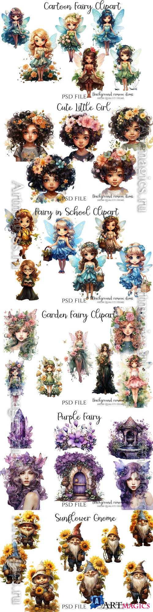 Cartoon fairy, cute little girl character, purple graphic fairy, sunflower gnome, garden fairy - PSD illustration cliparts set