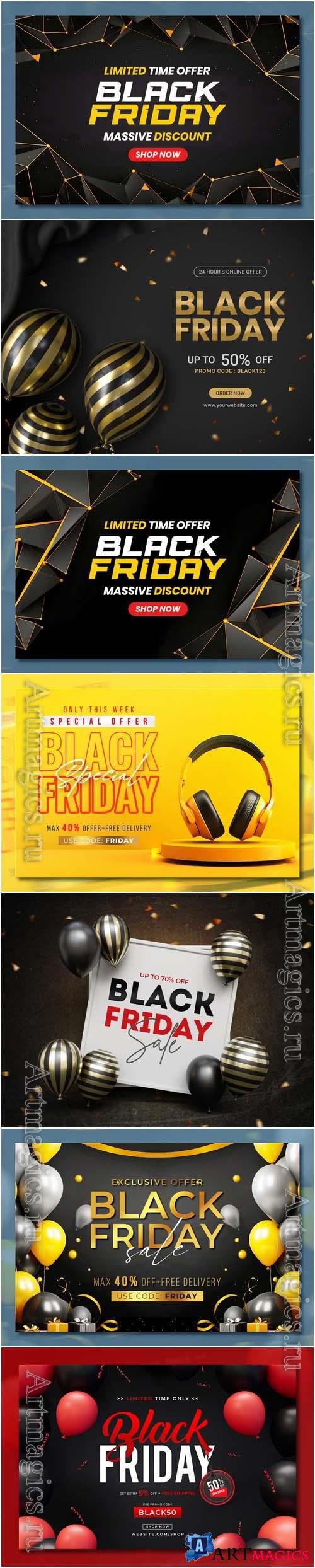 Black friday sale banner with realistic 3d gifts and balloons in psd vol 8