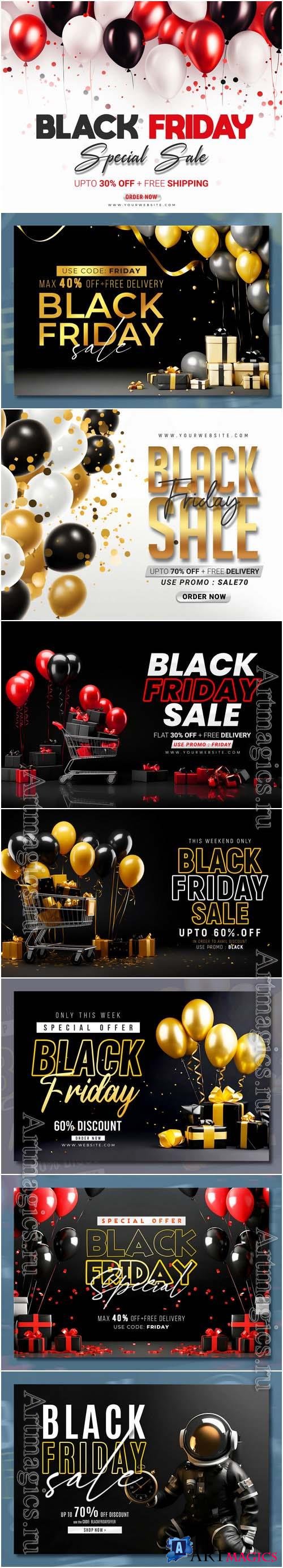 Black friday sale banner with realistic 3d gifts and balloons in psd vol 3
