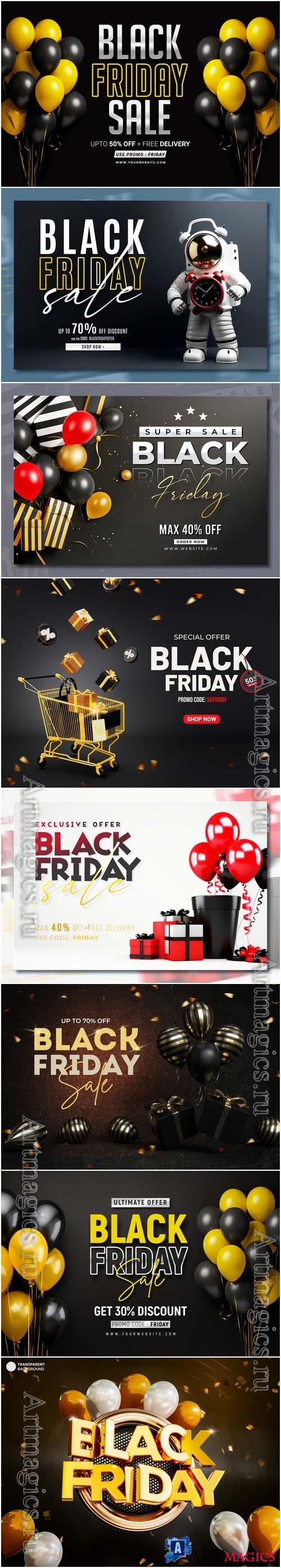 Black friday sale banner with realistic 3d gifts and balloons in psd vol 2
