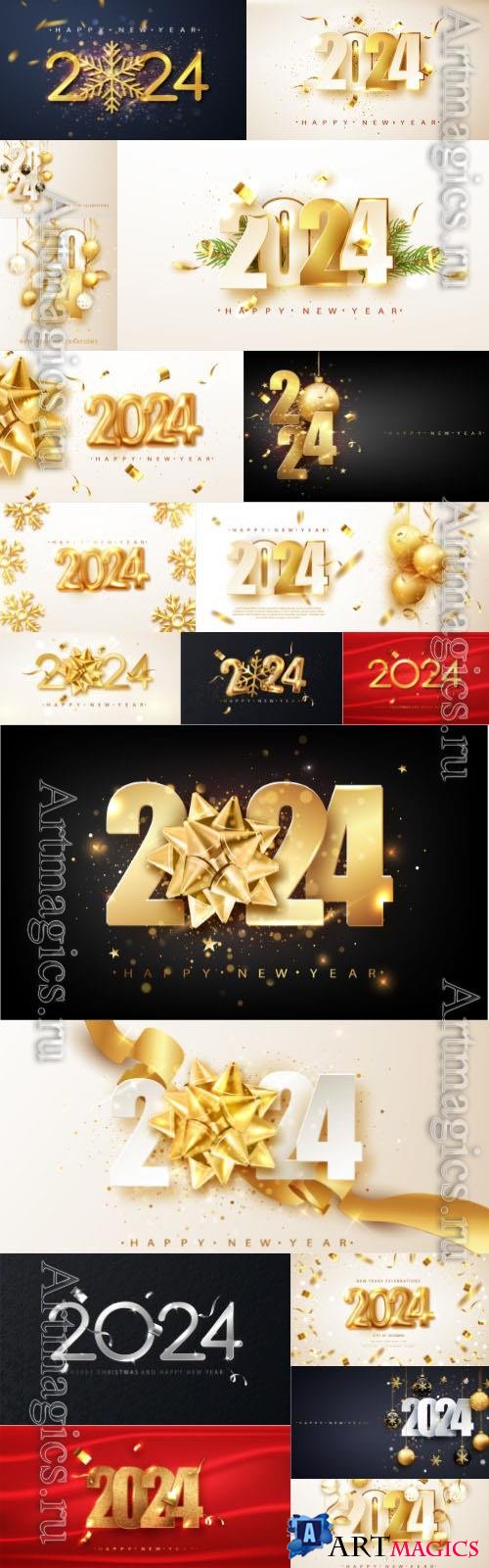 20 Happy new year holiday 2024 gold numbers design of greeting vector card