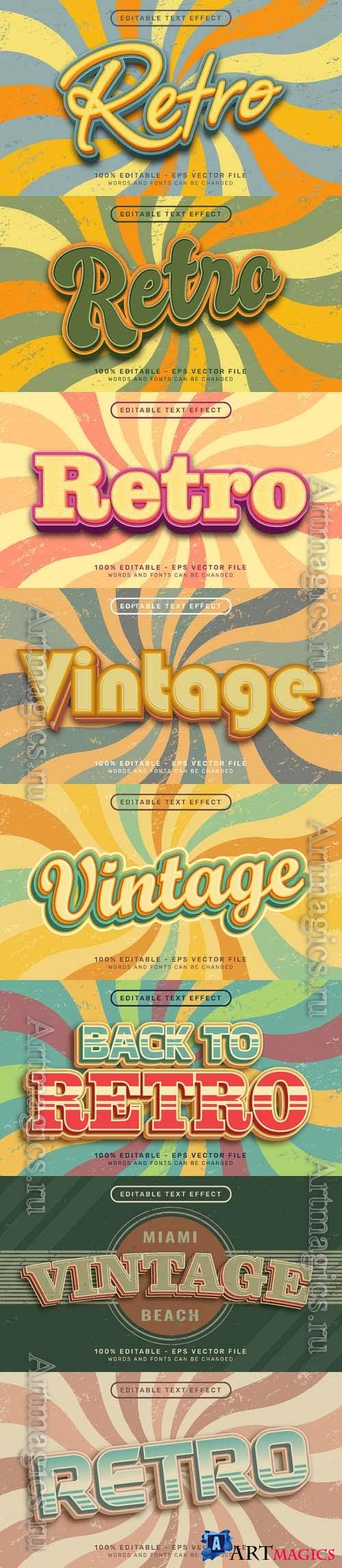 Vector retro vintage color 3d text editable text effect