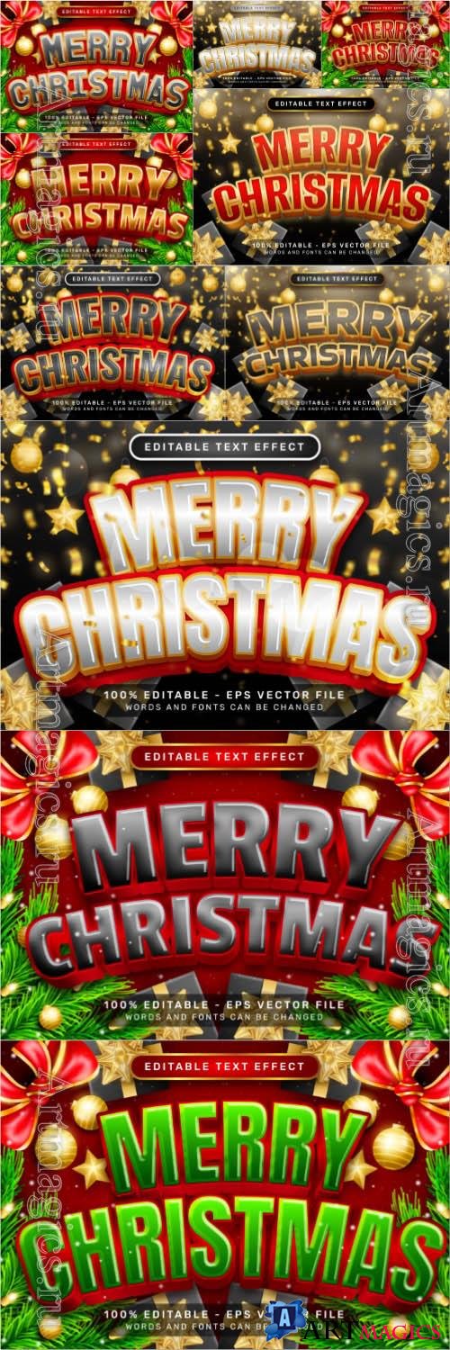 Vector merry christmas 3d text effect and editable text effect with christmas background