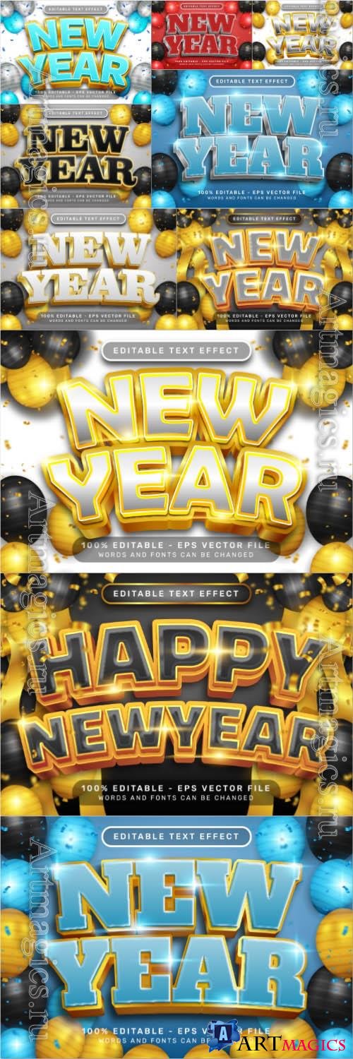 Vector happy new year 3d text effect and editable text effect