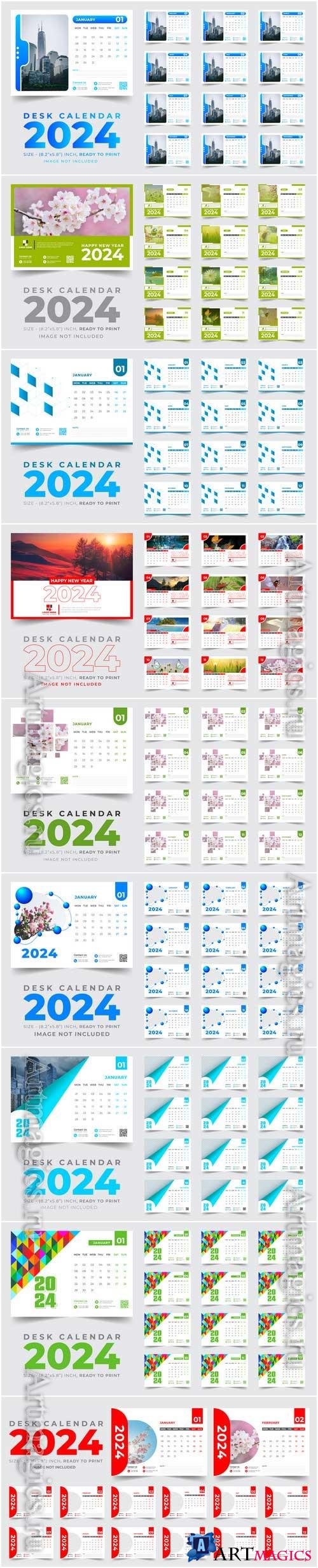 Modern new year 2024 desk calendar vector template