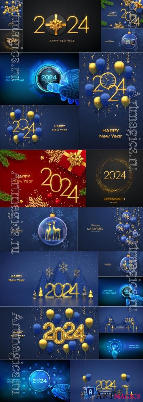 Happy new year 2024 background, Merry christmas ball greeting card banner vector illustration