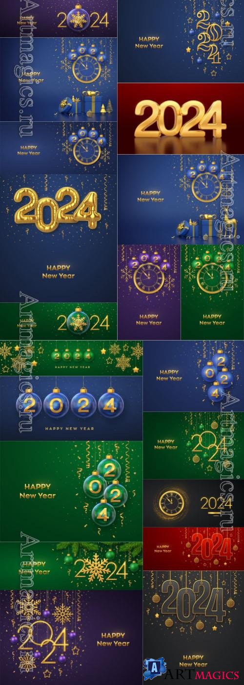 Happy new 2024 year with shining 3d metallic stars balls and confetti vector illustration