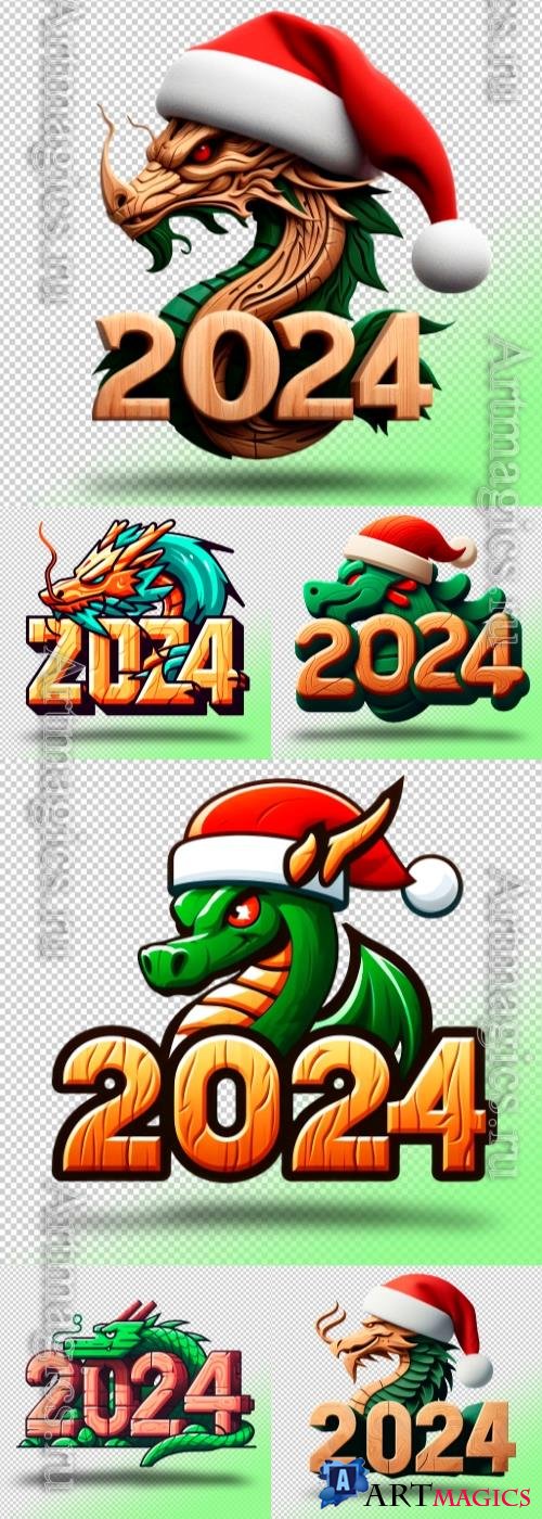 Dragon symbol of year 2024 green wooden in psd
