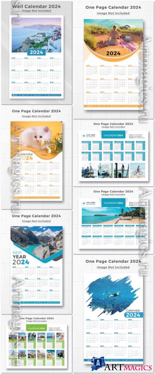 PSD 2024 one page calendar design template for happy new year