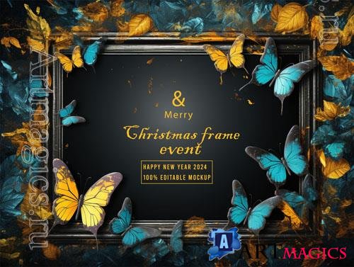 PSD merry christmas greeting in a frame background mockup vol 23