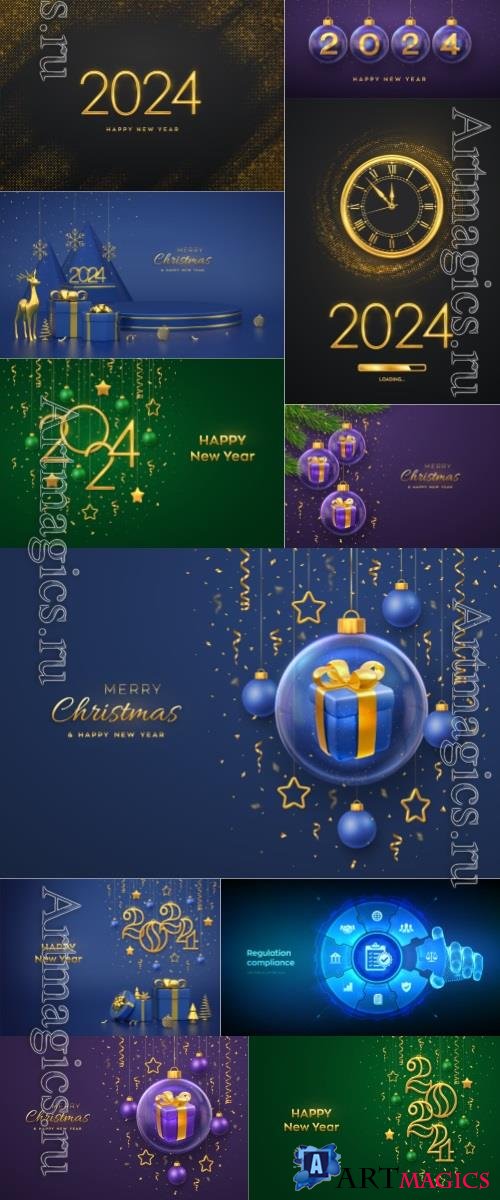 Vector happy new 2024 year golden metallic numbers 2024 with snowflake and confetti