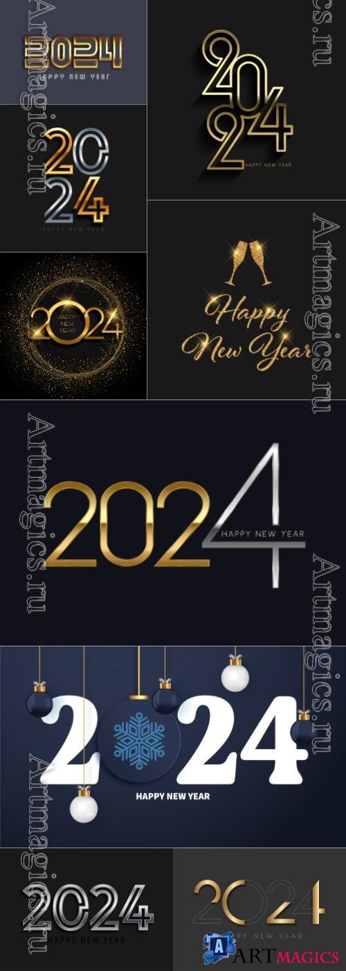 Happy New Year 2024 vector background with glittery gold design numbers