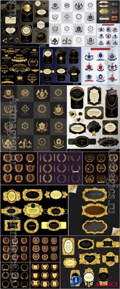 Label and frame, logo, gold vector elements collection