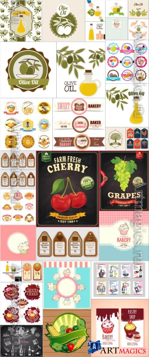 Food labels set, vegetables, fruits, ice cream in vector