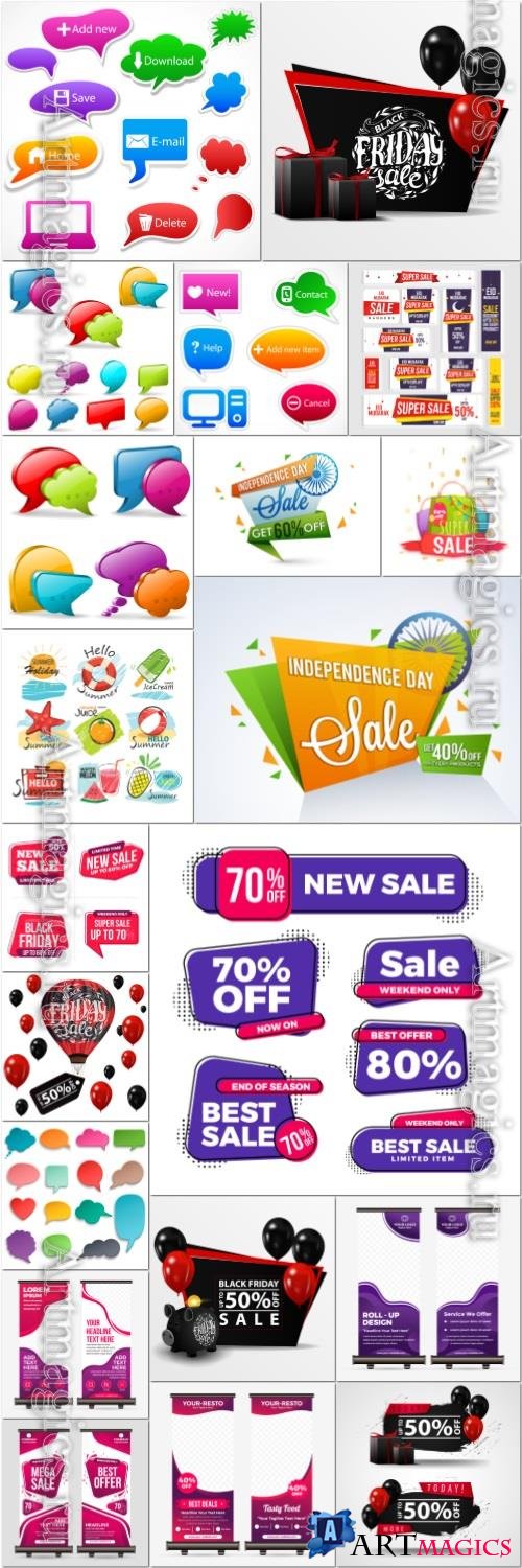 Sale vector elements, speech bublles set color