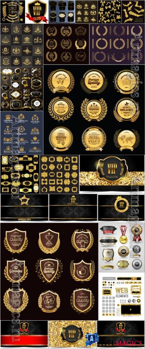 Vip label, logo and frame, gold vector elements collection