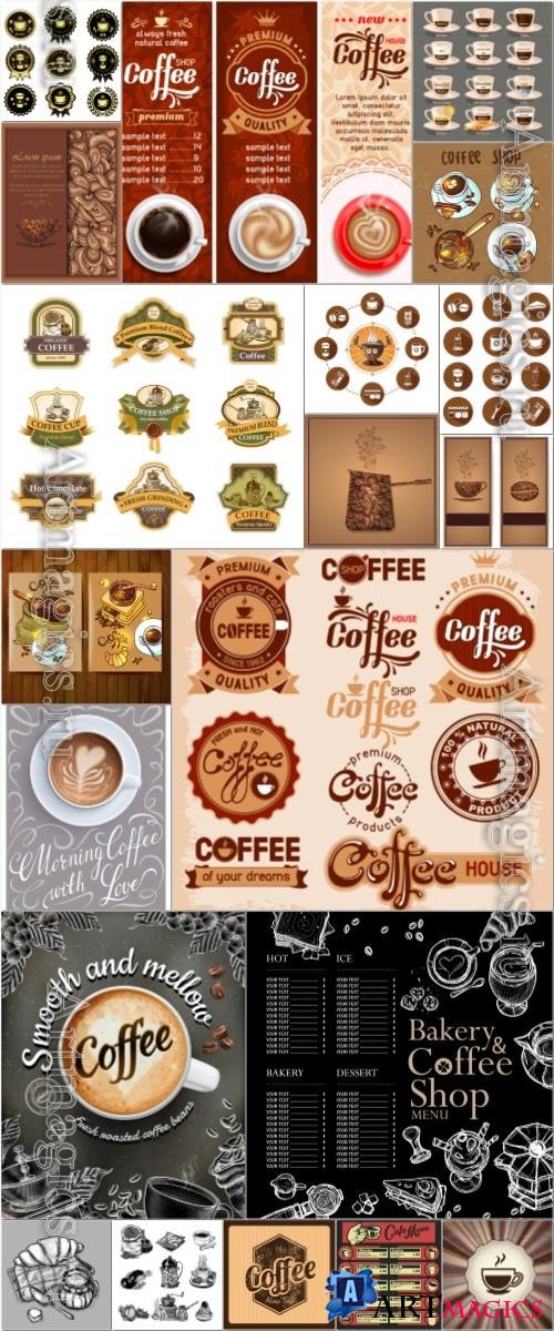 Coffee menu, logos, labels, elements in vector vol 3