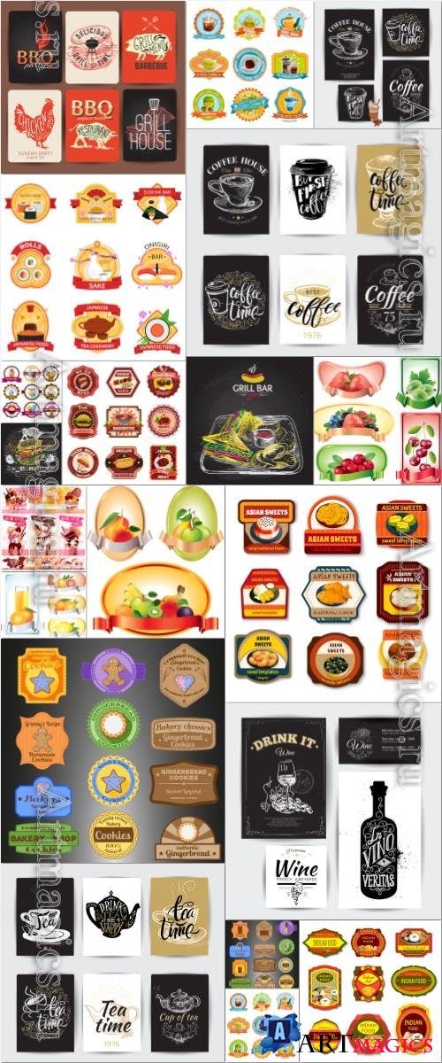 Food labels, logos elements in vector set