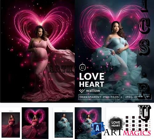 Glowing Heart shaped lights digital PNG overlays - UHJFZ8A