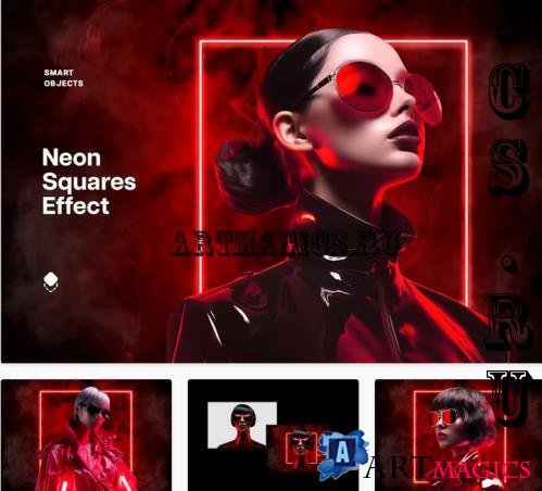 Red Neon Squares Effect - 92073105