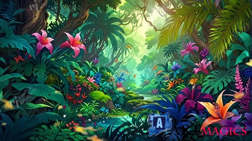 Stunning Rainforest With Colorful Flower 34542154