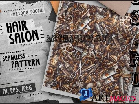 Hair Salon Doodle Cartoon Seamless Pattern - H55AUPU