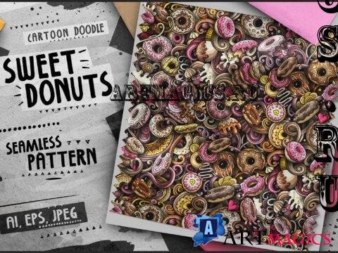 Donuts Doodle Cartoon Seamless Pattern - 4JP5ZVB