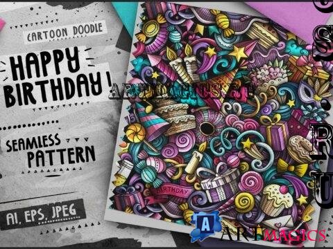 Happy Birthday Doodle Cartoon Seamless Pattern - BFZSX3Z