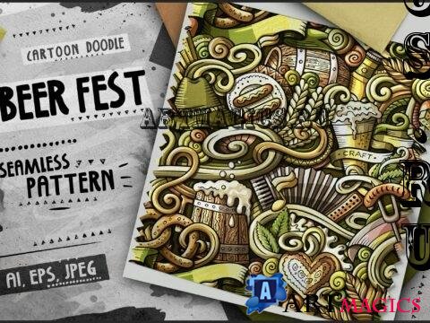 Beer Fest Doodle Cartoon Seamless Pattern - 9MMVKWZ