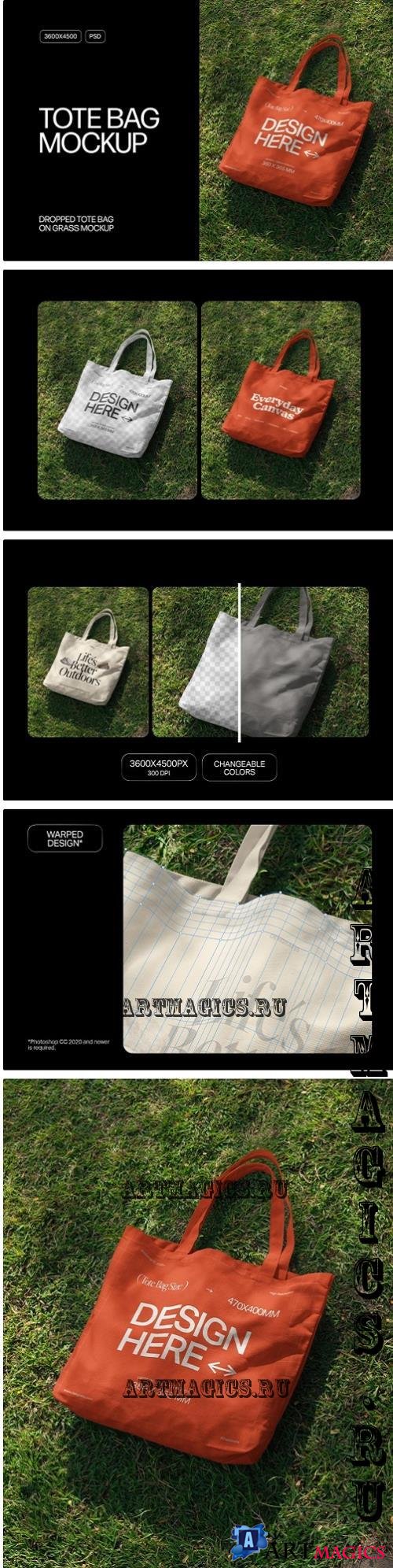 Dropped Tote Bag on Grass Mockup