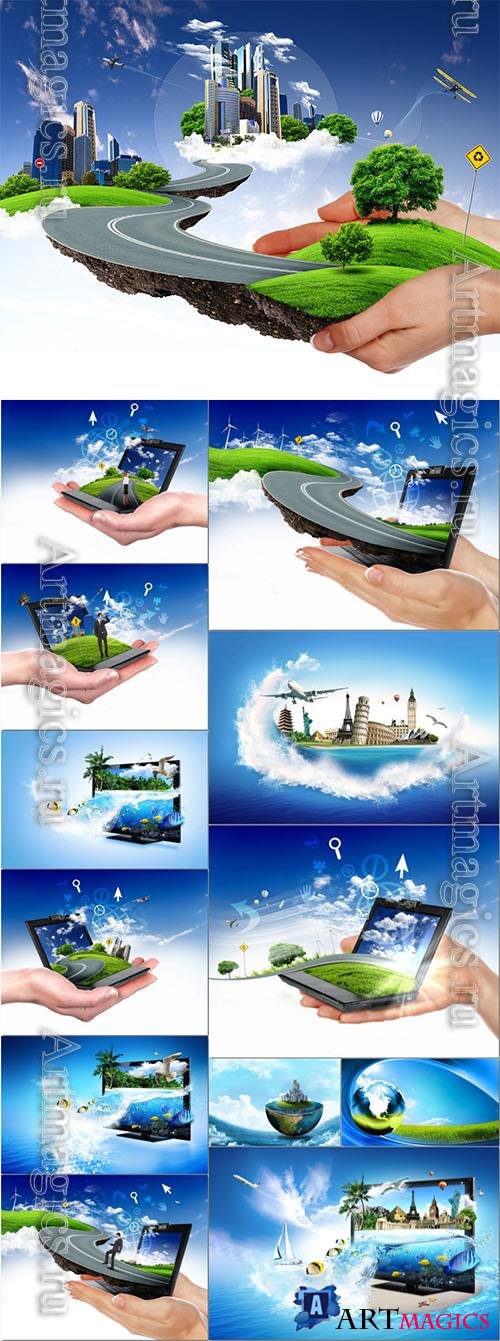 Nature technology and people concept set stock photos