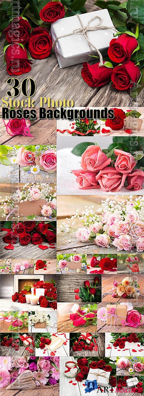 Roses, romantic backgrounds with flowers stock photo set