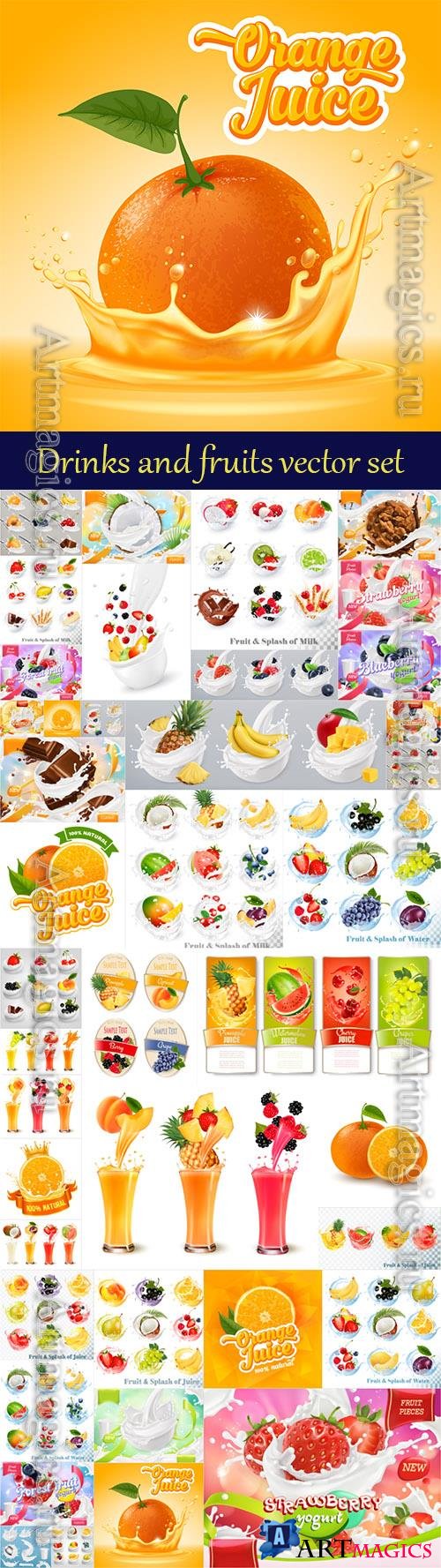 Drinks and fresh fruits vector set