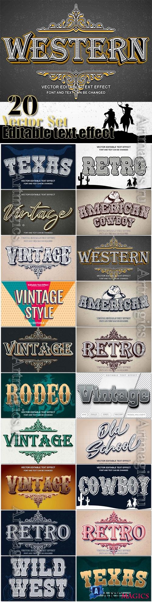 20 Retro vintage design style typography editable text effect template in vector