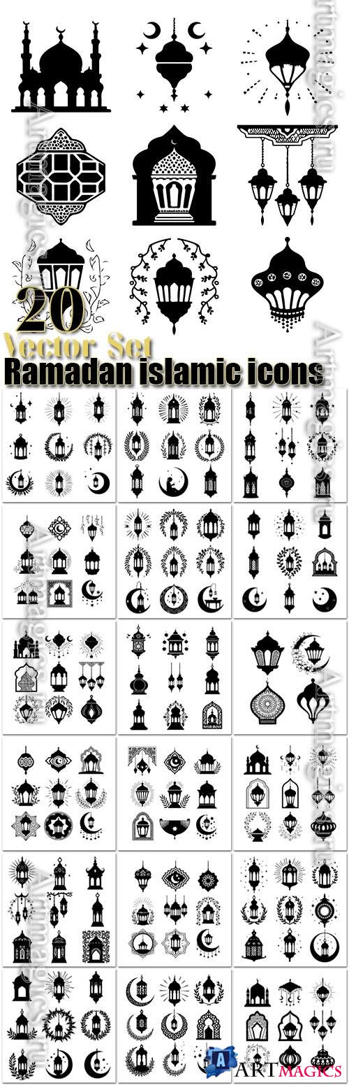 20 Ramadan islamic lantern icons in vector