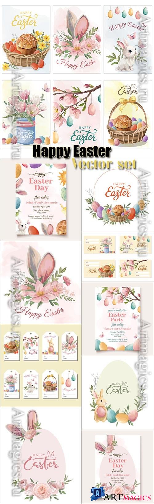 Happy Easter greeting cards with spring and easter elements Bunny colored eggs bread flower